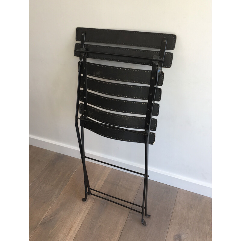 Paar Vintage zwart leer en metalen stoelen 1950