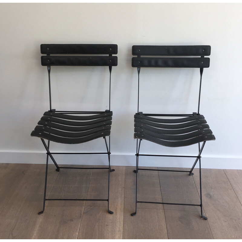 Paar Vintage-Stühle aus schwarzem Leder und Metall 1950