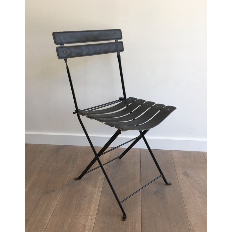 Pair of vintage Black Leather and Metal 1950's Chairs