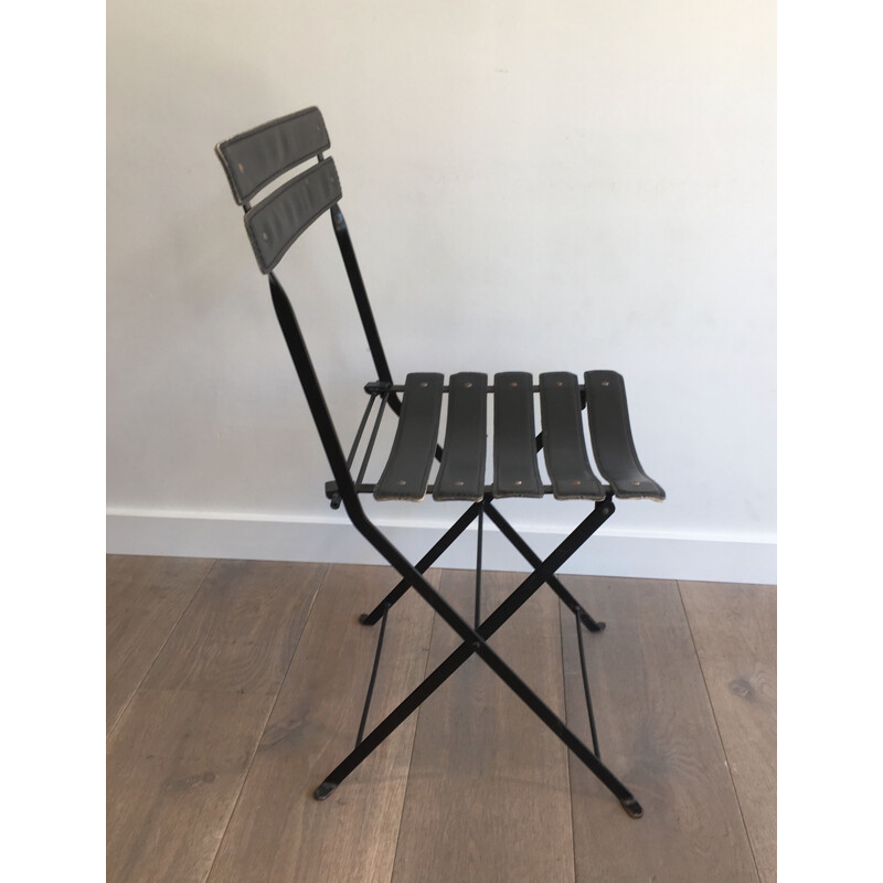 Pair of vintage Black Leather and Metal 1950's Chairs