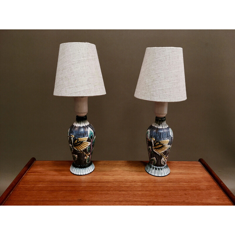 Duo of vintage lamps ceramic scandinavian 1960