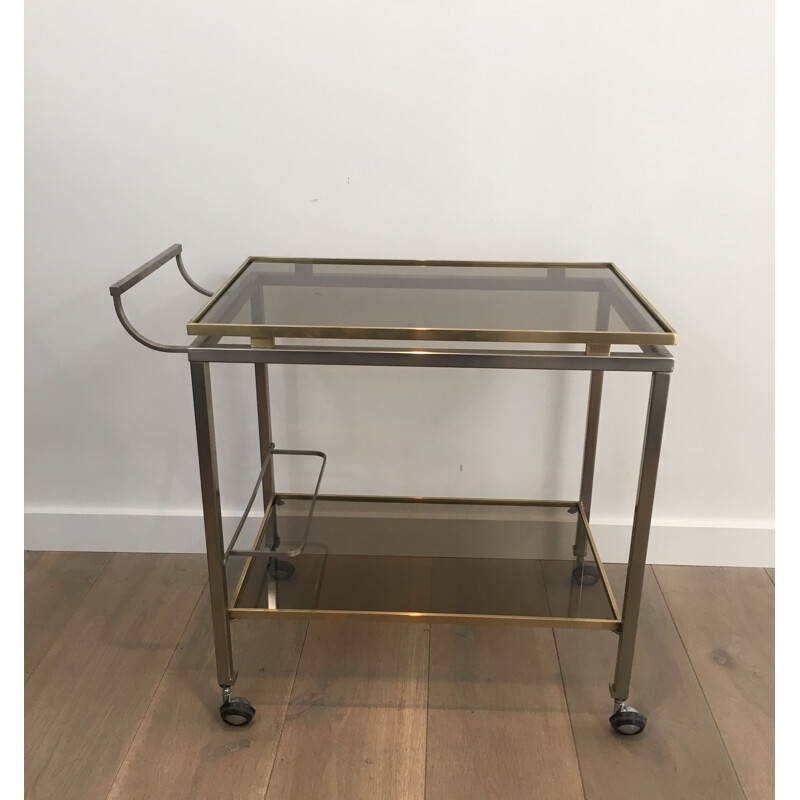 Vintage Brushed Steel and Brass 1970 Rolling Table