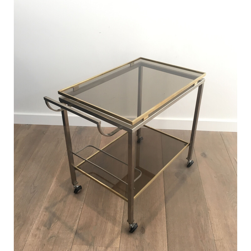 Vintage Brushed Steel and Brass 1970 Rolling Table