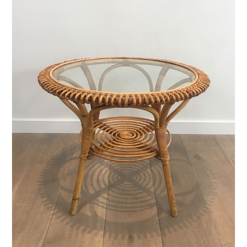 Vintage Round Rattan Bass Table 1950