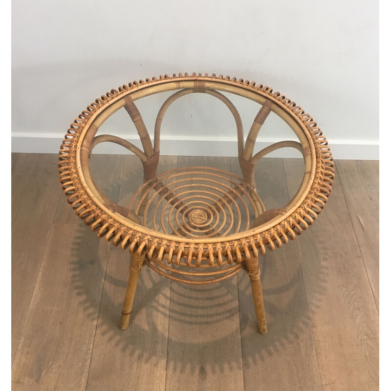 Vintage Round Rattan Bass Table 1950