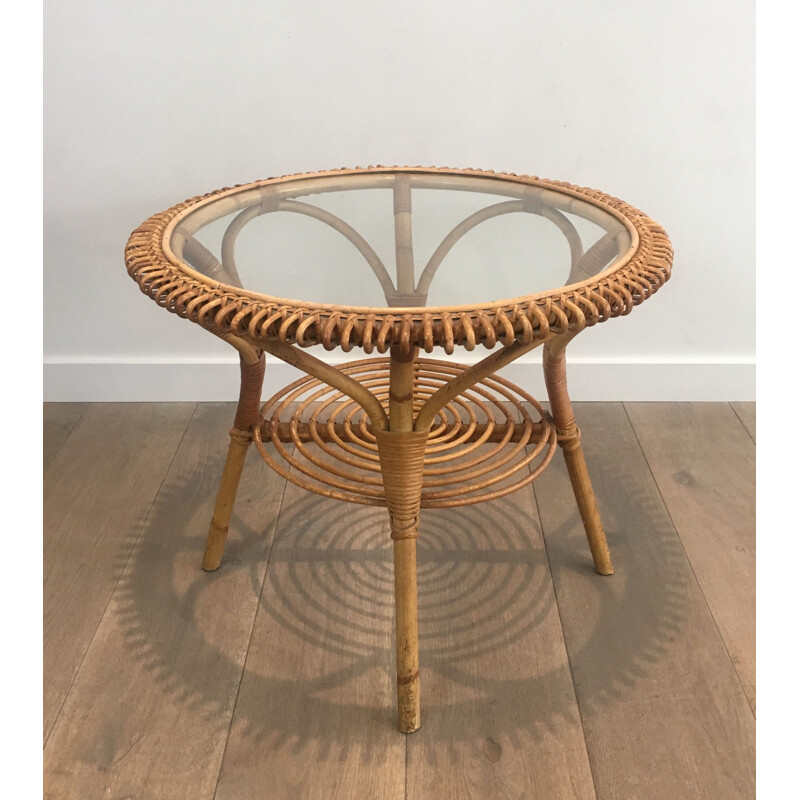 Vintage Round Rattan Bass Table 1950