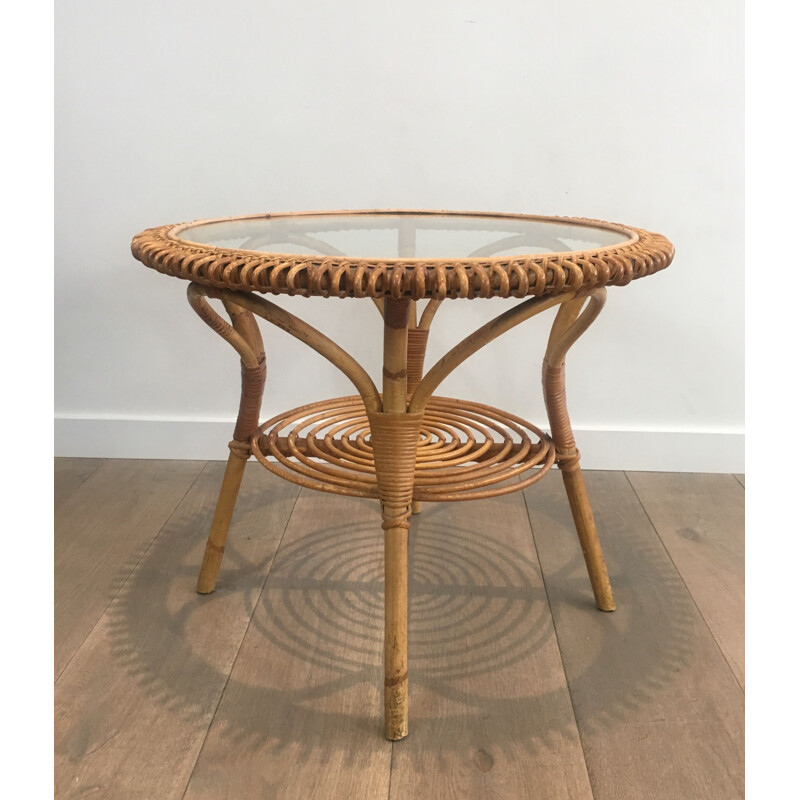 Vintage Round Rattan Bass Table 1950