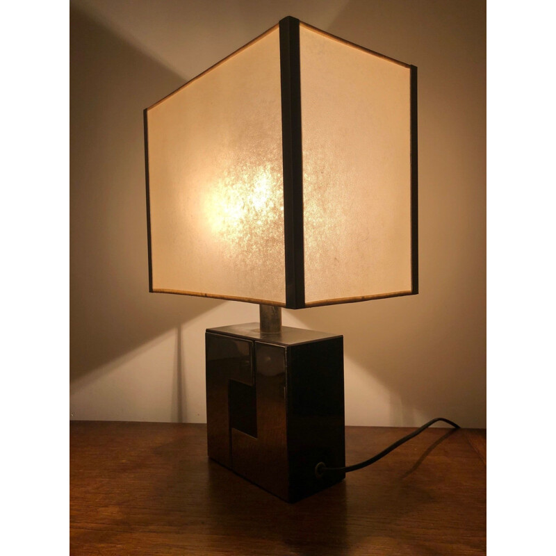 Lampe cubique vintage base en mélaminé et application de chrome 1970