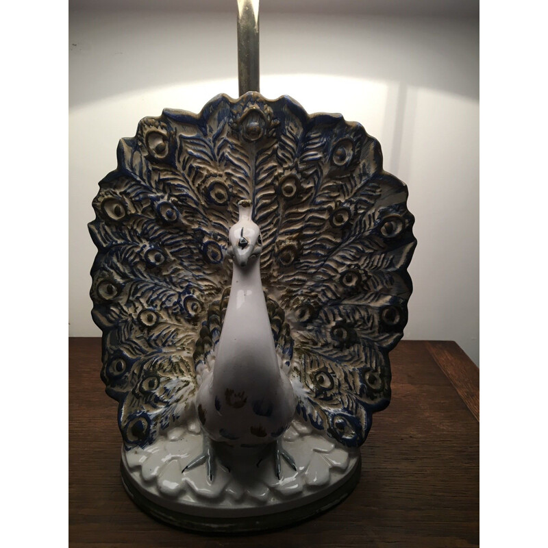 Lampe vintage paon en céramique avec abat jour contemporain, 1970