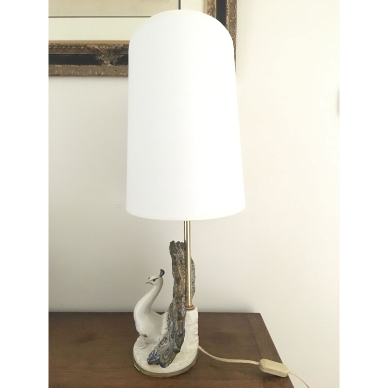 Lampe vintage paon en céramique avec abat jour contemporain, 1970