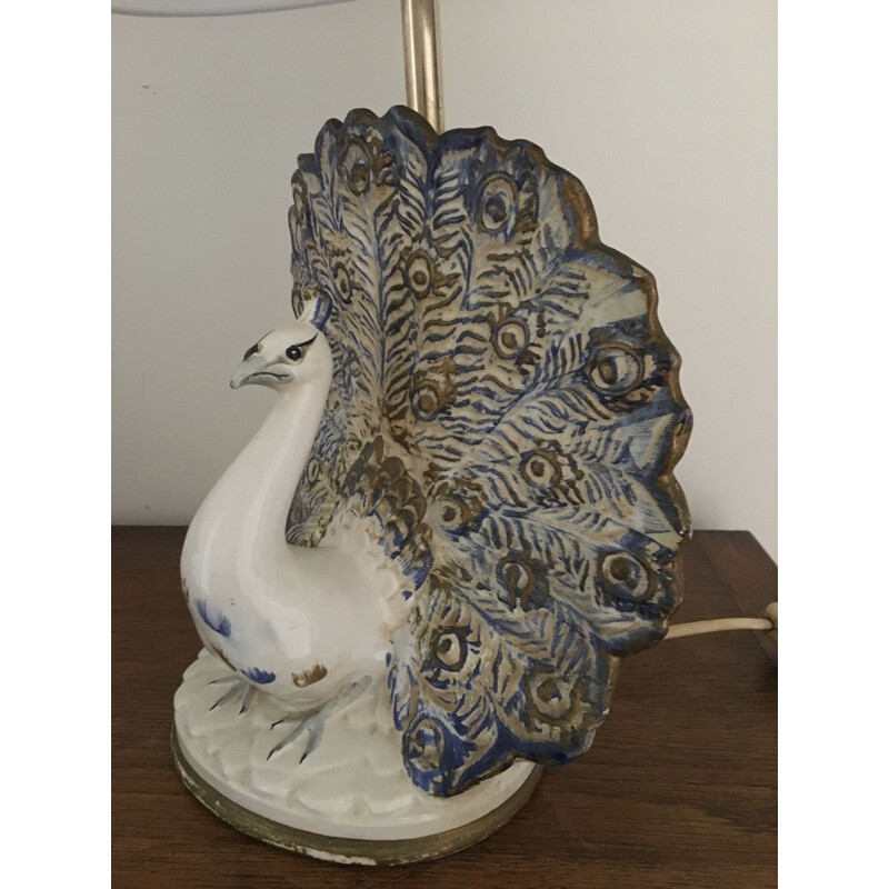 Vintage ceramic peacock lamp with contemporary shade, 1970