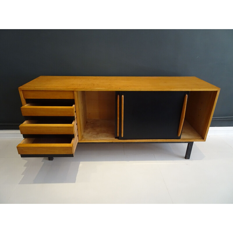 Vintage Cansado sideboard in black lacquered ash wood by Charlotte Perriand 1950s