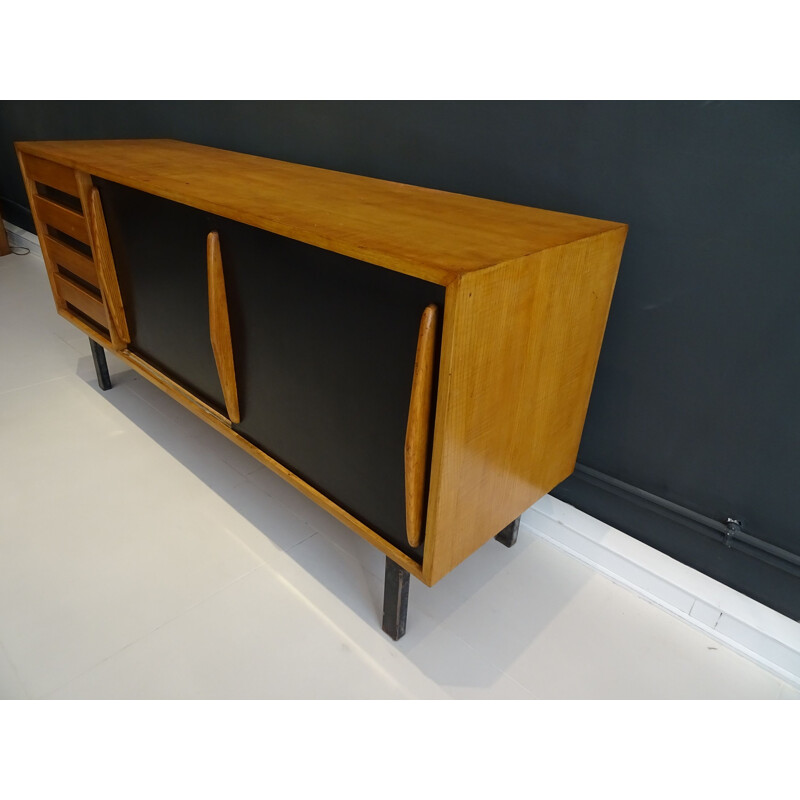 Vintage Cansado sideboard in black lacquered ash wood by Charlotte Perriand 1950s