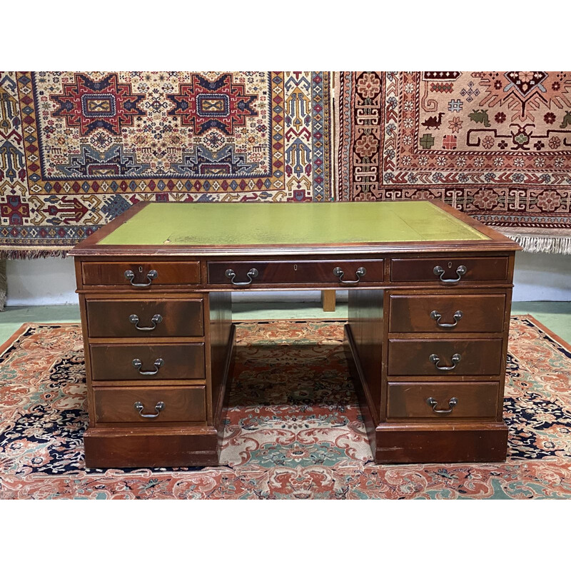 Vintage desk double-sided mahogany and leather top English 1950s