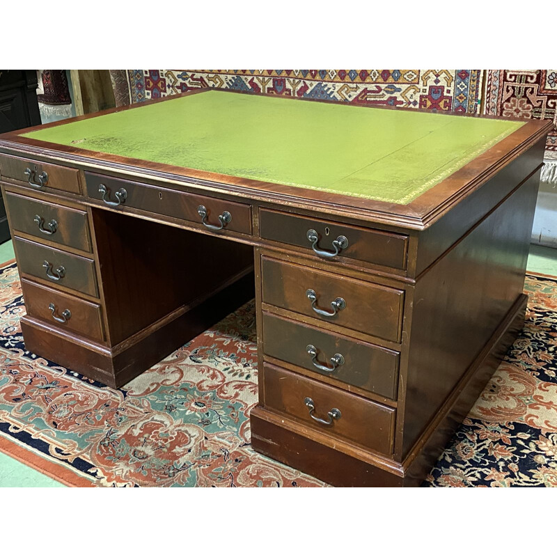 Vintage desk double-sided mahogany and leather top English 1950s