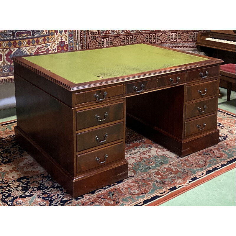 Vintage desk double-sided mahogany and leather top English 1950s