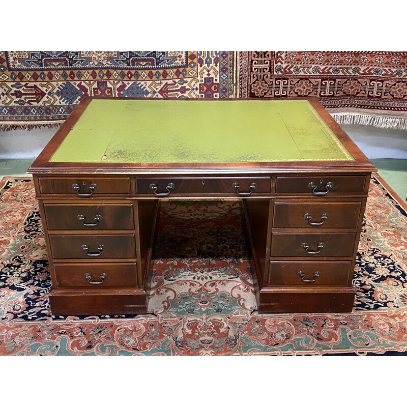 Vintage desk double-sided mahogany and leather top English 1950s