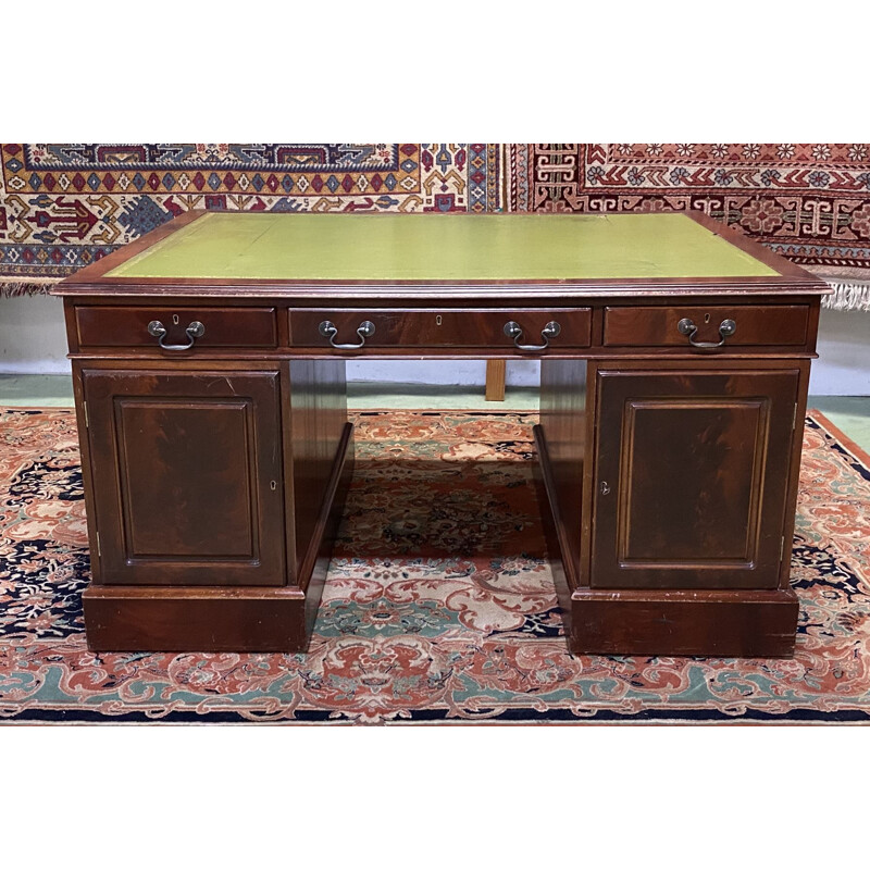 Vintage desk double-sided mahogany and leather top English 1950s