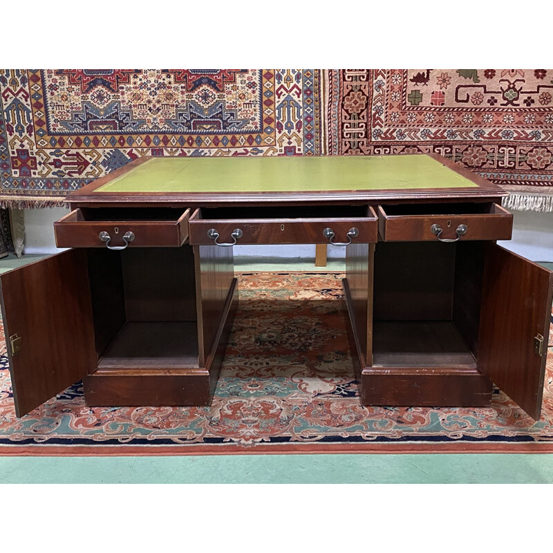Vintage desk double-sided mahogany and leather top English 1950s