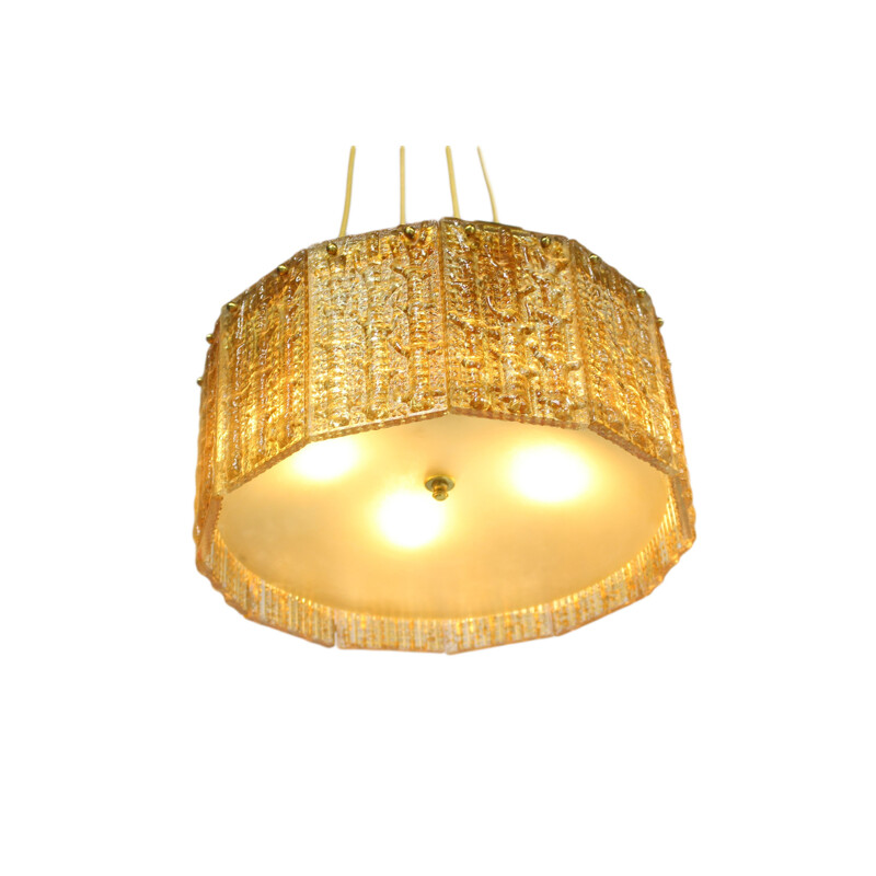 Vintage gilded glass and brass pendant light by Carl Fagerlund for Orrefors, 1960