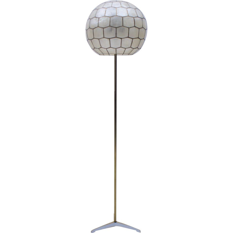 Vintage brass and mother of pearl tripod floor lamp, 1950