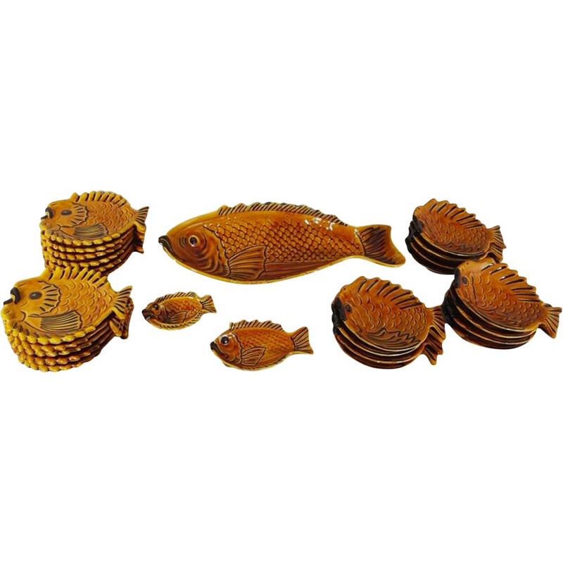 Vintage fish set 27 pieces Vallauris ceramic  1960