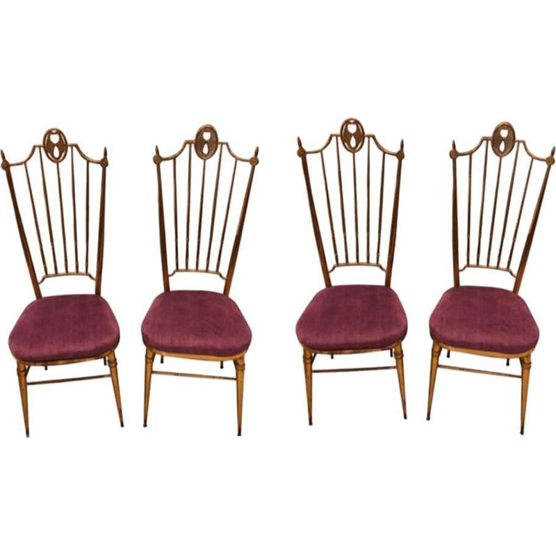 Set of 4 vintage Brass and Purple Velvet Chairs, Italy 1960