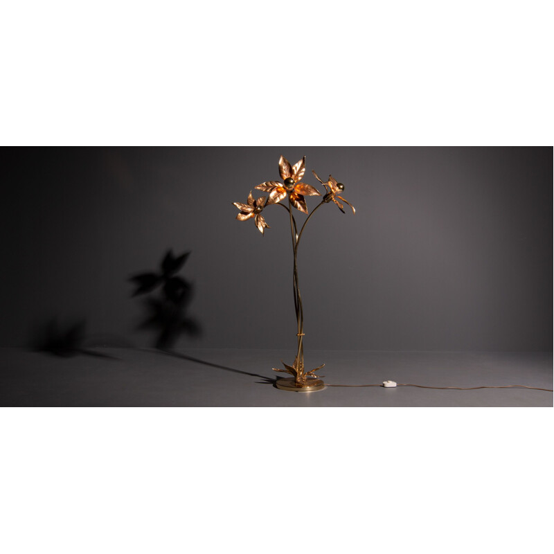 Vintage Willy Daro floor lamp with solid brass flowers Belgium 1970