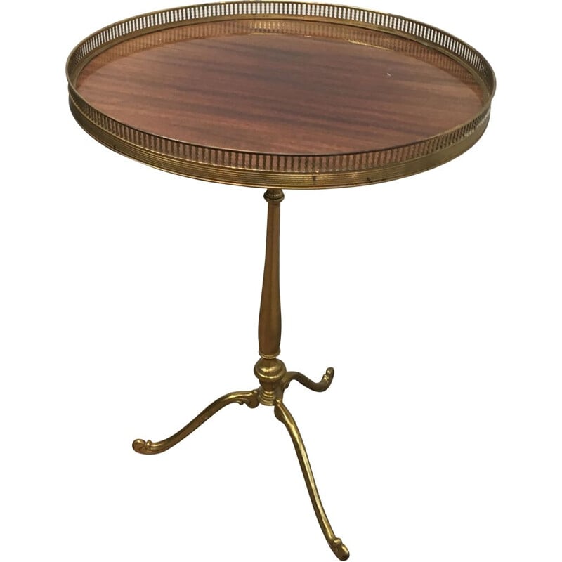 Vintage Round Pedestal Table in Brass with Mahogany Top Neoclassical 1940's