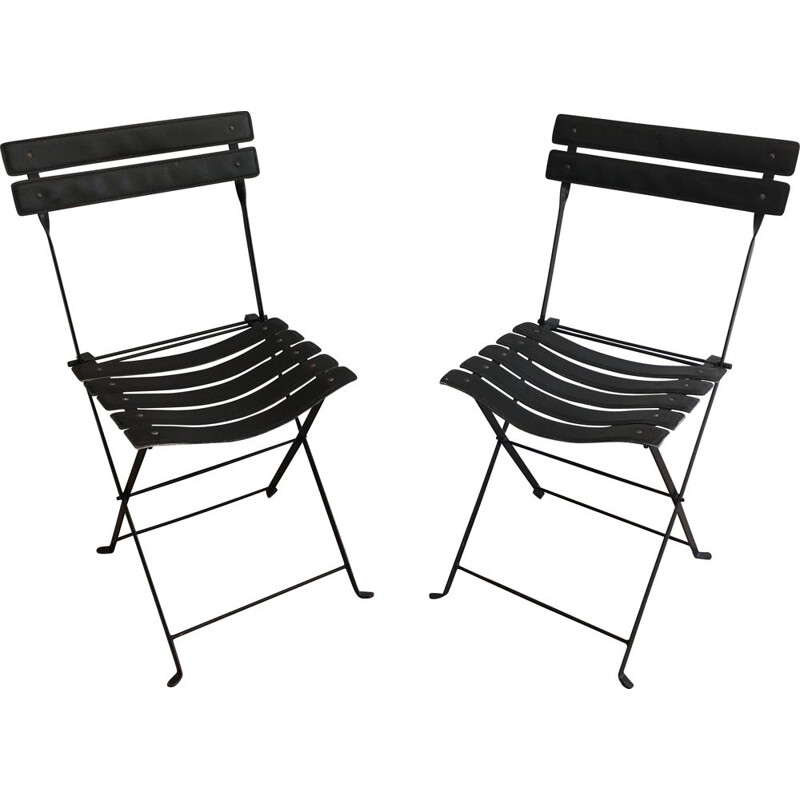 Paar Vintage-Stühle aus schwarzem Leder und Metall 1950