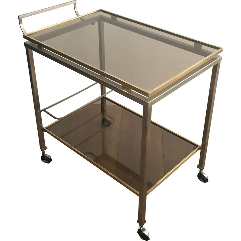 Vintage Brushed Steel and Brass 1970 Rolling Table