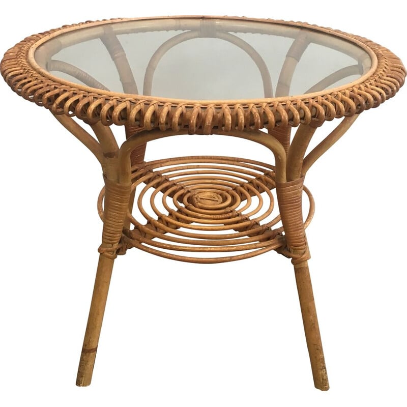 Vintage Round Rattan Bass Table 1950