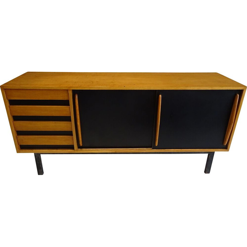 Vintage Cansado sideboard in black lacquered ash wood by Charlotte Perriand 1950s