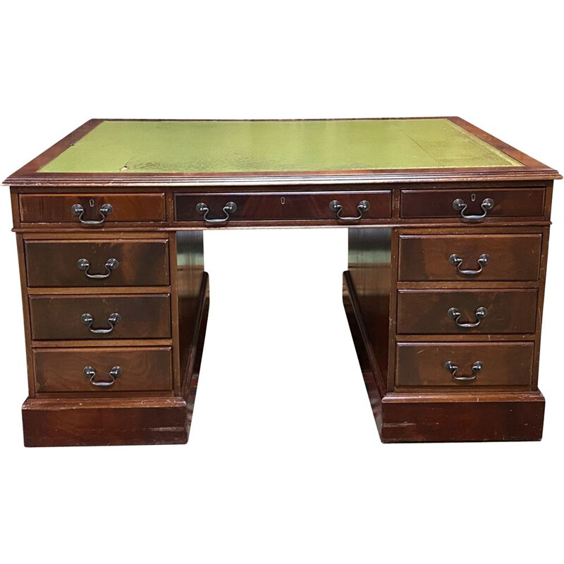 Vintage desk double-sided mahogany and leather top English 1950s