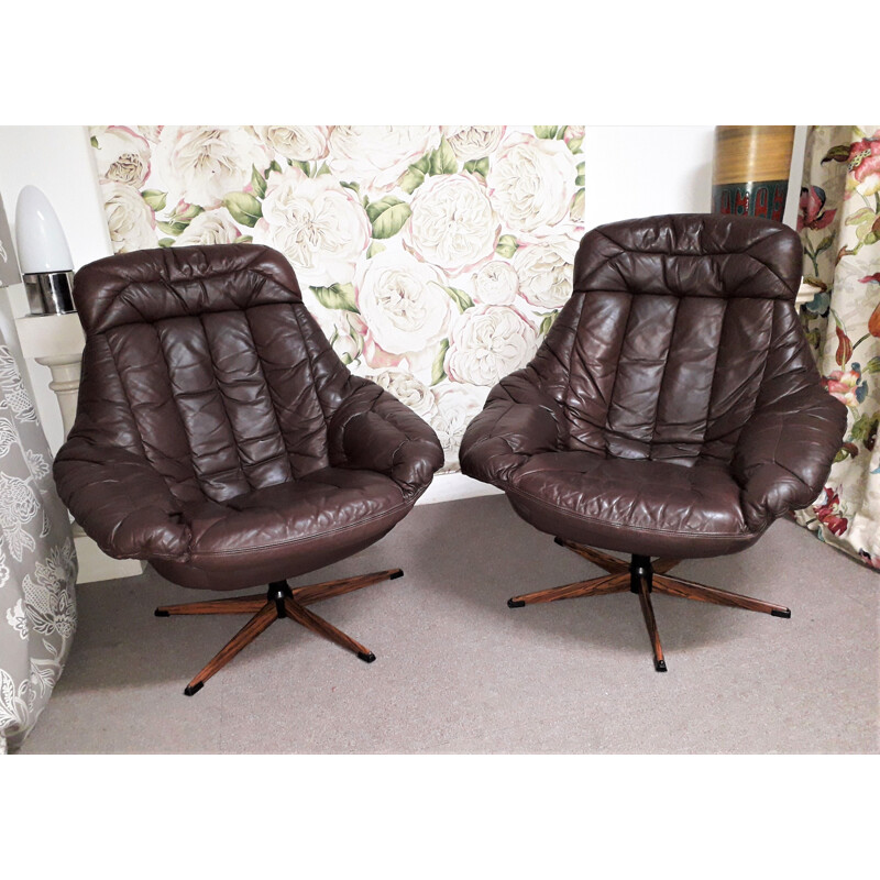 Pair of vintage brown leather armchairs patina by Henry Walter Klein 1970