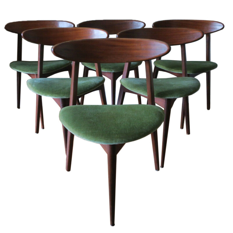 Set of 6 vintage teak tripod dining chairs, danish 1960s