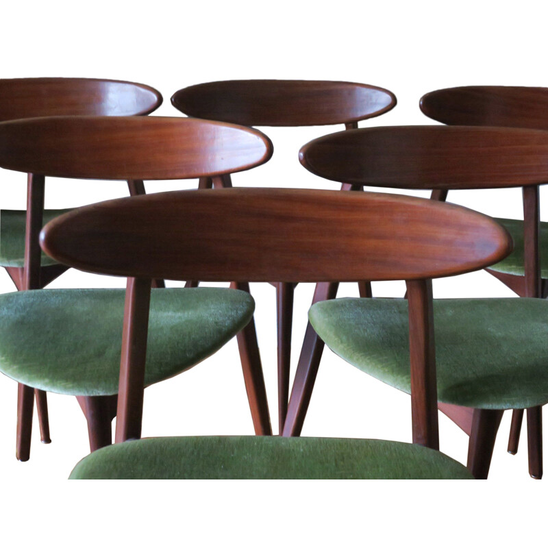 Set of 6 vintage teak tripod dining chairs, danish 1960s