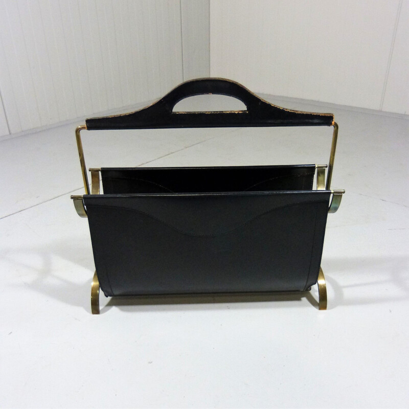 Vintage magazine rack in black  leather and brass 1950s