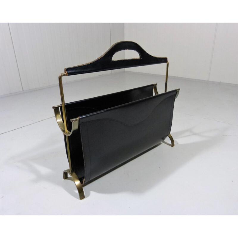 Vintage magazine rack in black  leather and brass 1950s