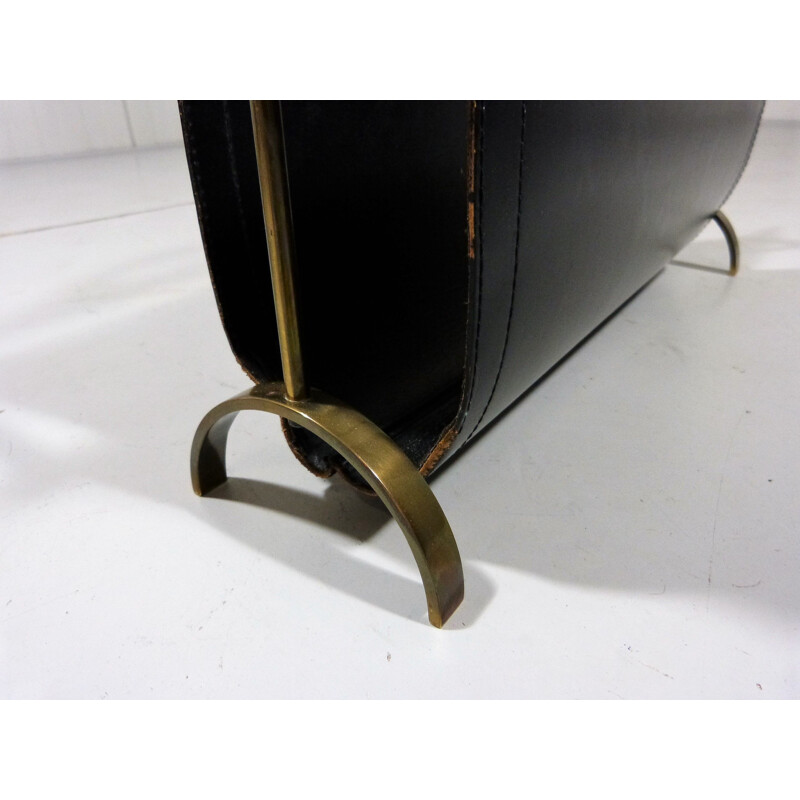 Vintage magazine rack in black  leather and brass 1950s