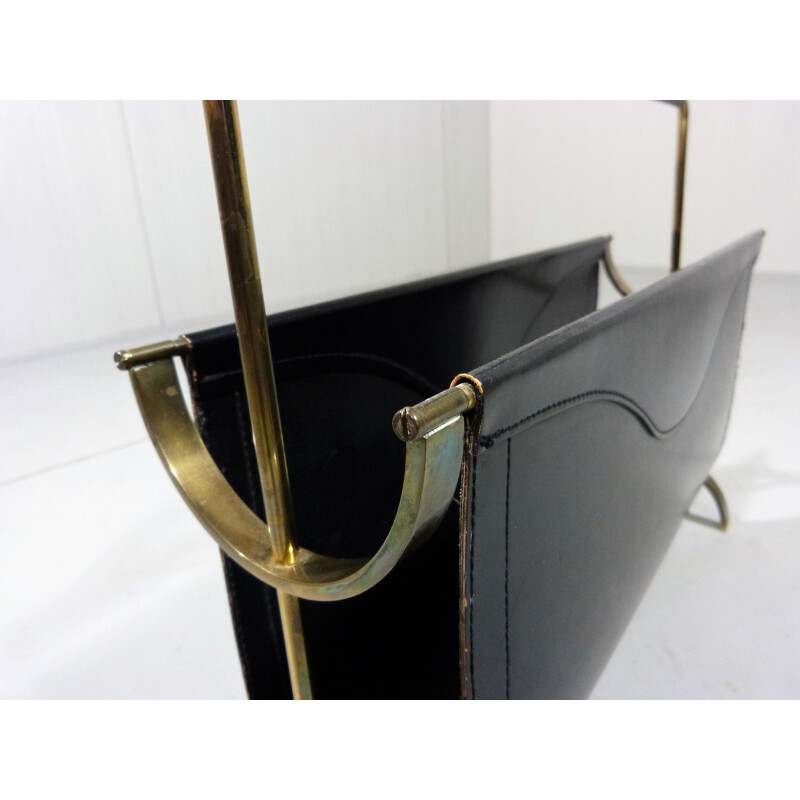 Vintage magazine rack in black  leather and brass 1950s