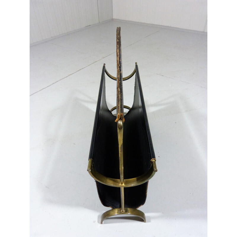 Vintage magazine rack in black  leather and brass 1950s