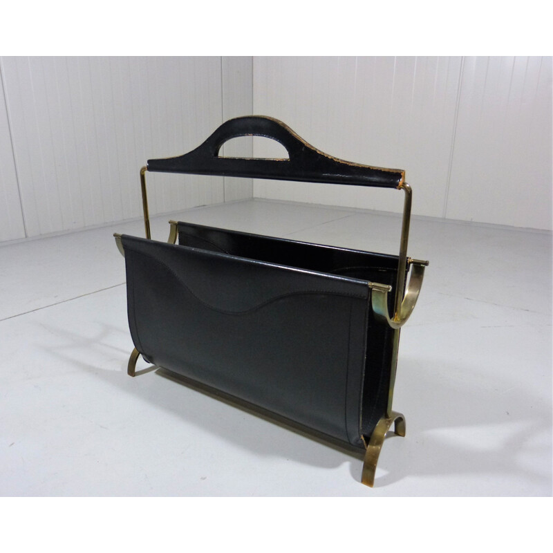 Vintage magazine rack in black  leather and brass 1950s