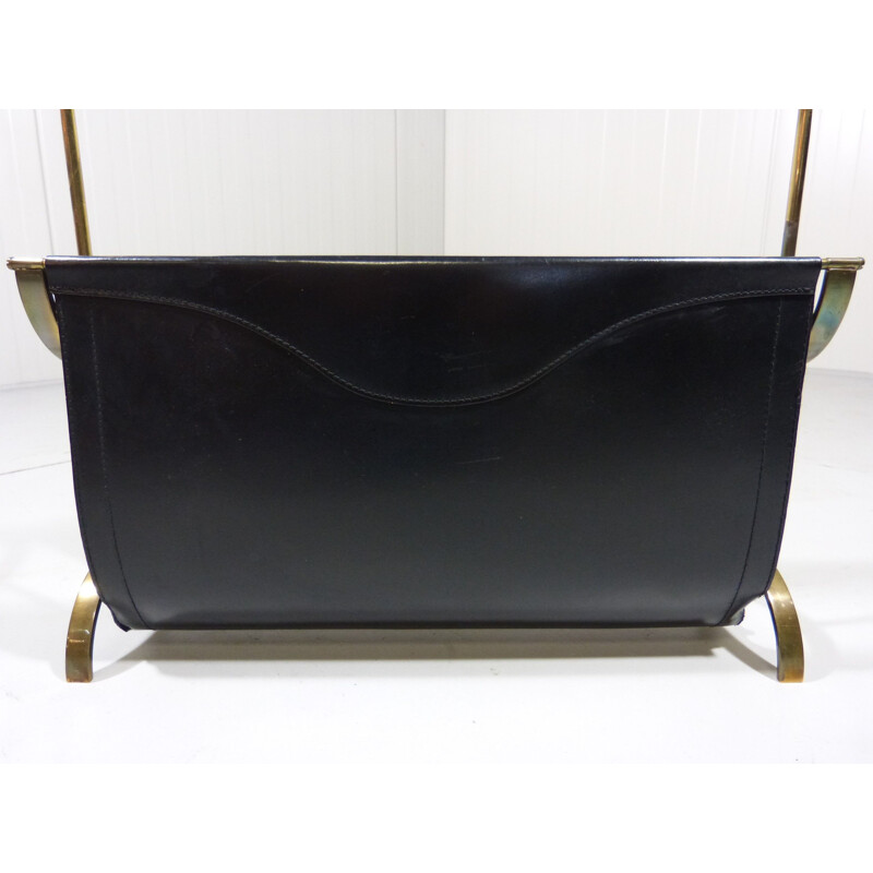 Vintage magazine rack in black  leather and brass 1950s