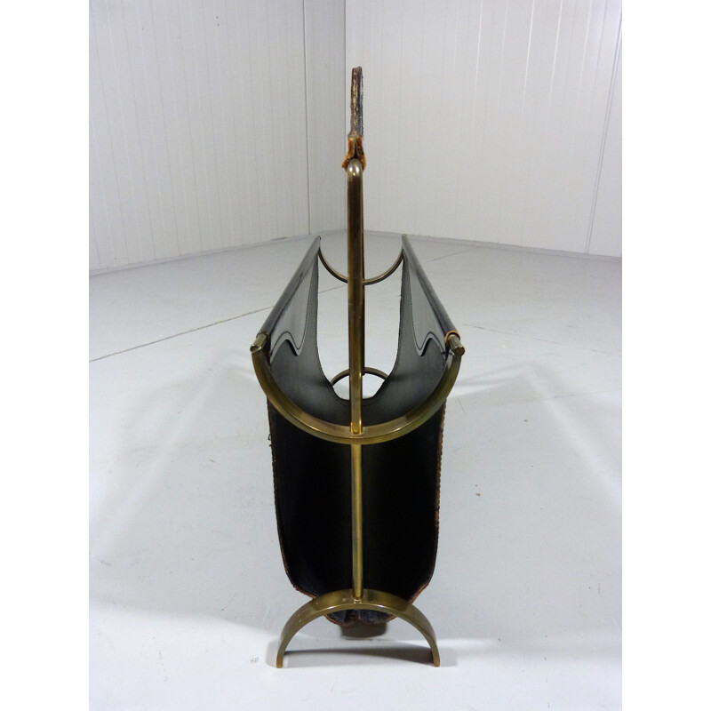 Vintage magazine rack in black  leather and brass 1950s