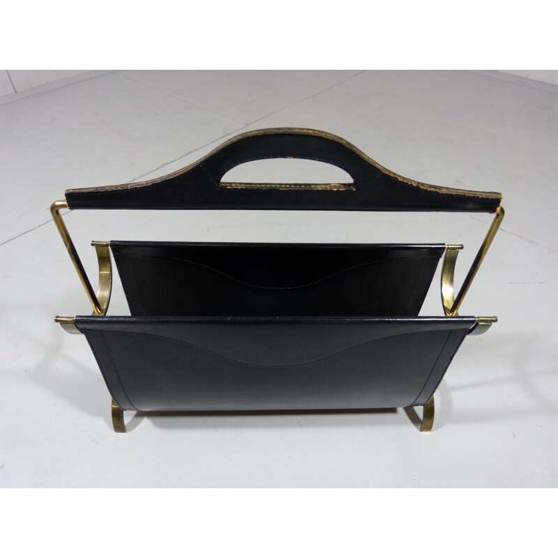 Vintage magazine rack in black  leather and brass 1950s