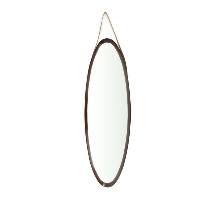 Miroir ovale vintage à cadre en teck 1960