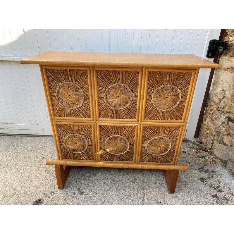 Vintage wooden bar counter and wicker wicker decorations 1960