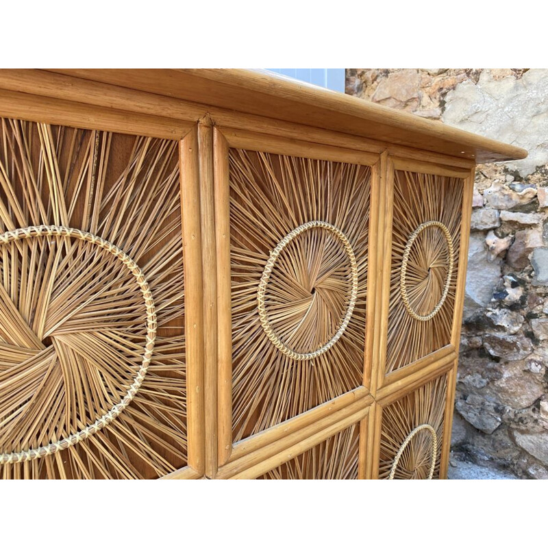 Vintage wooden bar counter and wicker wicker decorations 1960