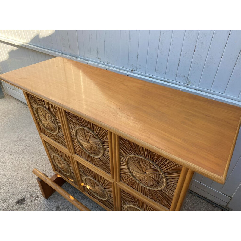 Vintage wooden bar counter and wicker wicker decorations 1960